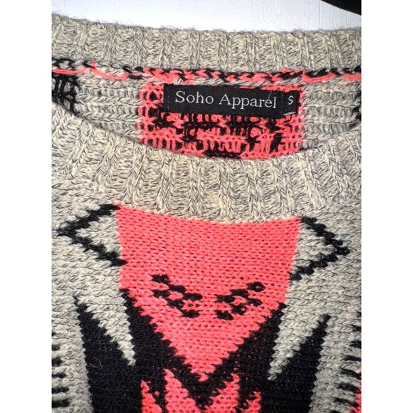 Soho Apparels S Geometric Aztec Knit Poncho With Fringe In Coral & Black - Picture 5 of 8